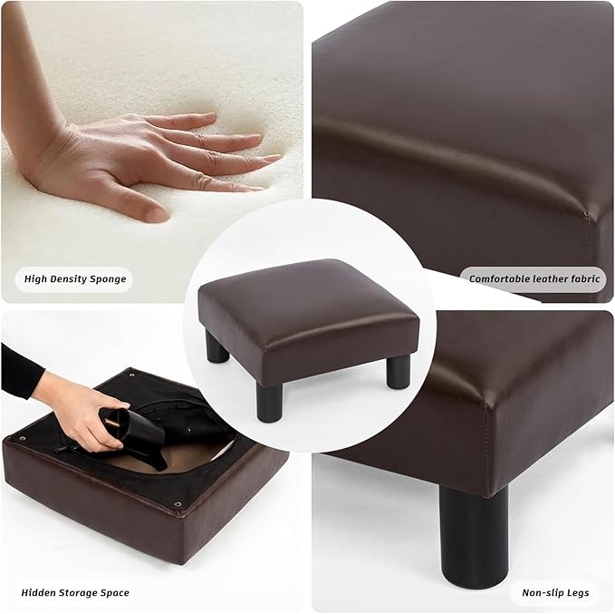 Joveco Small Foot Rest Stool Ottoman, 15" Leather Footrest Square Footstool with Non-Skid Plastic Legs, for Chair, Under Desk, Office, Living Room, Brown