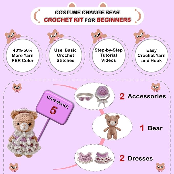LoopMap Amigurumi Crochet Kit for Beginners with Removable Dress & Video Tutorials, DIY Bear Making Kit Includes Premium Yarn & Tools, Creative Gift for Adults Teens (Purple)