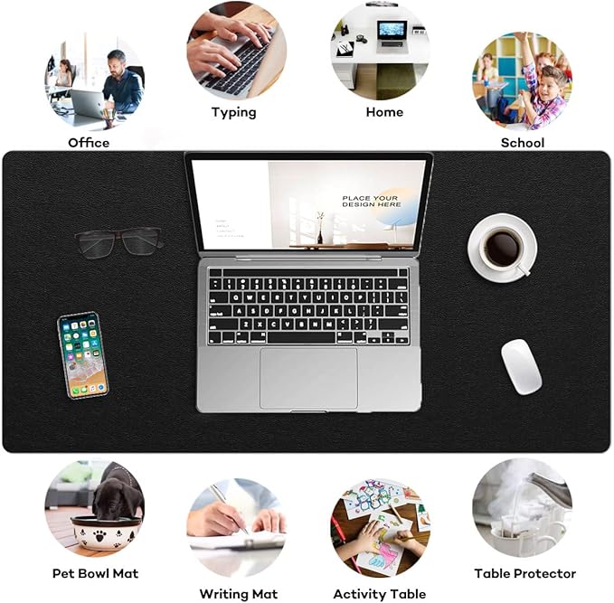 Multifunctional Office Desk Pad Mat Blotter on Top of Desks Non-Slip Desk Writing Mat Waterproof Desk Mat Protector for Desktop PVC Leather Desk Mouse Pad for Office Home (Black, 14" x 24")