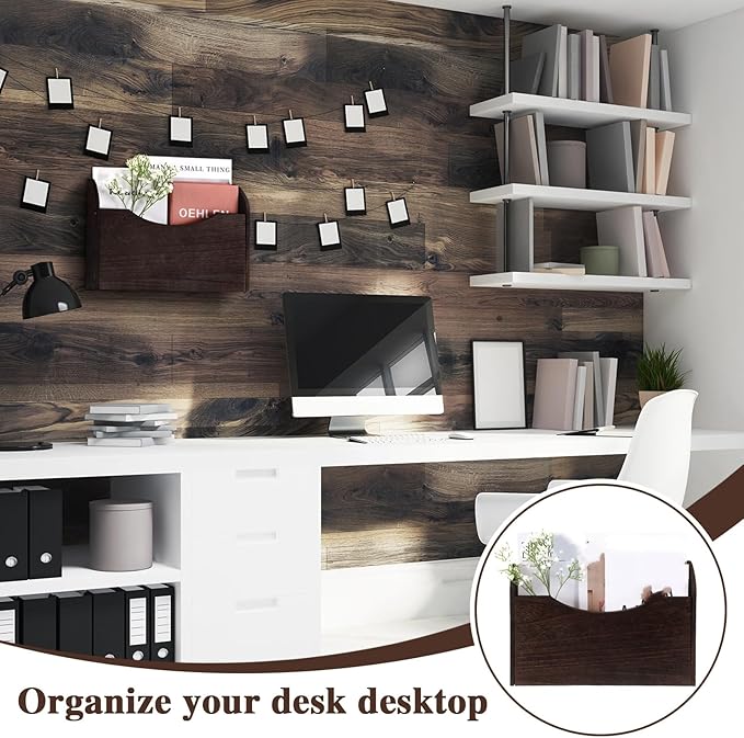 Suzile Wall Mounted File Holder Wood Magazine Holder Wall Hanging File Organizer for Office Mail Magazine Letter Paper Folder Organization (Brown)