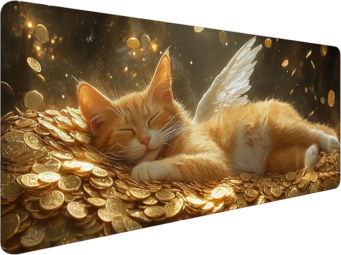 Cute Cat Desk Mat Dragon Wing Cave Gold Coin Fantasy Large Gaming Mouse Mat with Stitched Edges,Non-Slip Waterproof Rubber Base Mous Mat 31.5"x11.8" Office Computer Keyboard Laptop Home