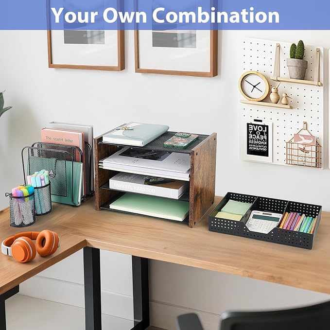 AUPSEN Desk Organizer with 5 Vertical File Holders, Storage Drawer & 2 Pen Holders, 5 Trays Paper Letter Tray Organizer, Mesh Desk Organizers and Accessories for Home Office (Vintage wood)