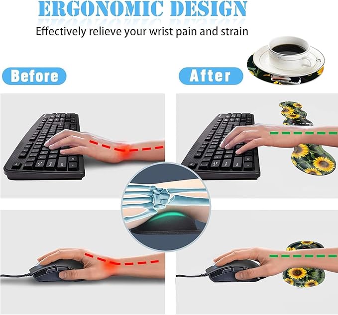 Ergonomic Mouse Pad Set with Wrist Support for Keyboard and Wrist Rest for Mouse, Memory Foam Comfort, Non-Slip Large Desk Mat for Home Office Pain Relief,Cute Sunflower Cow