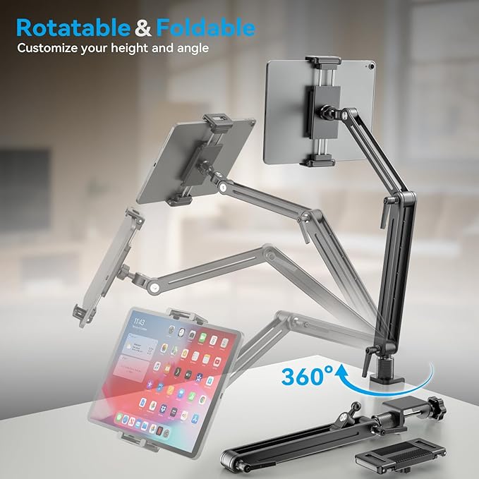 Jakeko Tablet iPad Holder Stand for Desk - 360° Rotate Base All Aluminium Body Built-in Spanner Stable Drawing Tablet Stand Foldable Space Saving