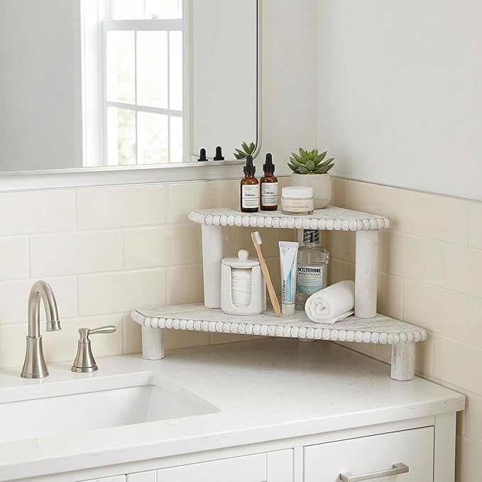2-Tier Rustic Corner Shelf for Kitchen Counter,Wood Beaded Farmhouse Countertop Organizer with Removable Feet, Stackable Bathroom Vanity & Coffee Bar Decorative Riser Stand(Rustic White)