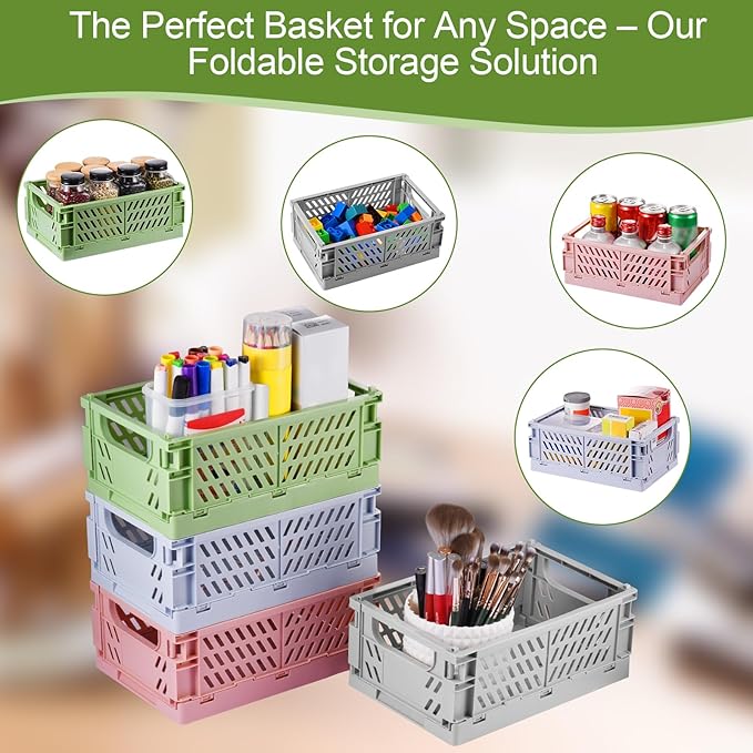 HUUSMOT 2-Pack Small Pastel Plastic Storage Baskets, Collapsible Crates for Organizing, Space-Saving Mini Bins for Classroom, Kitchen, Office, Bedroom (Purple, 9.8" x 6.5" x 3.8")