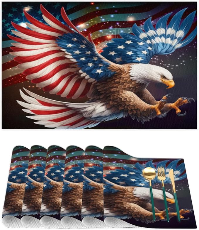 Placemats Set of 4 Heat-Resistant Rectangle Place Mats Independence Day Eagles Washable Plastic PVC Dining Table Mat Non-Slip Wipeable Woven Vinyl Placemat for Kitchen Patio Table Decor