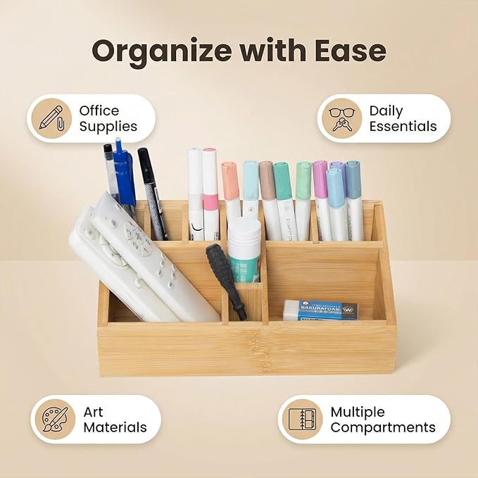 Bamboo Small Art Supply Organizer, Pen Holder Multifunctional Organizer Office Accessory Storage, Desk Organizer for Colored Pencil, Crayon, Paint Brushes, Makeup Organizer
