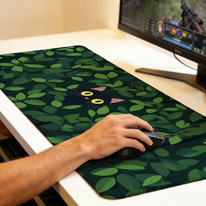 Black Cat Hide Green Leaves Mouse Pad,35.4 x 15.7 Inch Large Mouse Mat Non-Slip Rubber Stitched Edges for Writing Desk,Office,Home,Laptop