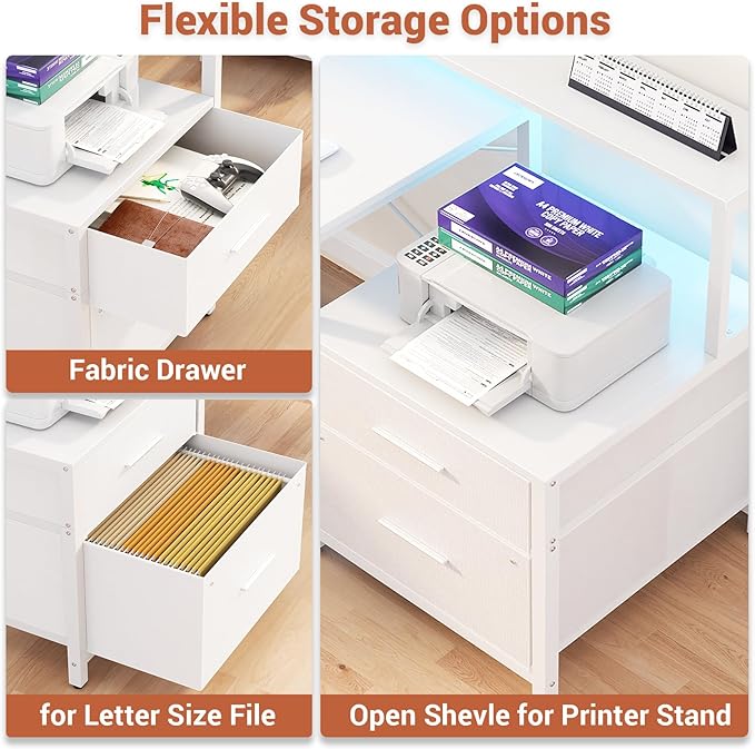Aheaplus L Shaped Desk with Power Outlet, Reversible L Shaped Computer Desk with File Drawer & Monitor Stand, Gaming Desks with LED Strip, Home Office Desks with Storage Shelf, White