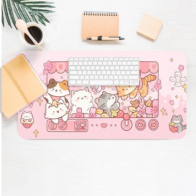 Cute Cat Desk Mat, Kawaii Claw Machine Large Mouse Pad for Desktop, PU Leather Waterproof Desk Pad, Anti-Slip Computer PC Laptop Protector Gaming Mouse Pads for Office Home Decorations