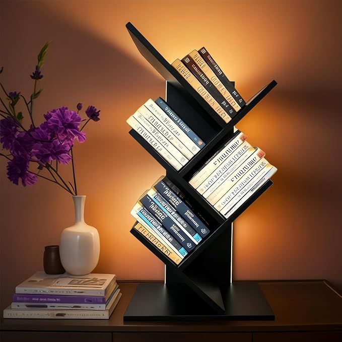 Godferyxin Bookshelf with Liting,Small Bookshelf LED and Desktop Book Shelf Light for Office, Home or School Mini Bookcase for Wood Displaying Books, CDs, Magazines Wood Shelf Rack