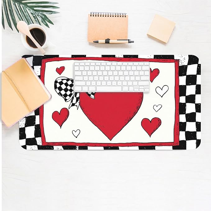 Valentine Desk Mat, Heart Black White Check Large Mouse Pad for Desktop, PU Leather Waterproof Desk Pad, Computer PC Laptop Protector Gaming Mouse Pads Valentine's Day Gifts for Her Him