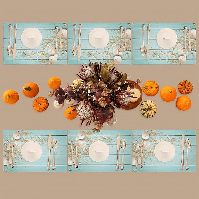 Placemats Set of 4 Heat-Resistant Rectangle Place Mats Beach Summer Teal Washable Plastic PVC Dining Table Mat Non-Slip Wipeable Woven Vinyl Placemat for Kitchen Patio Table Decor