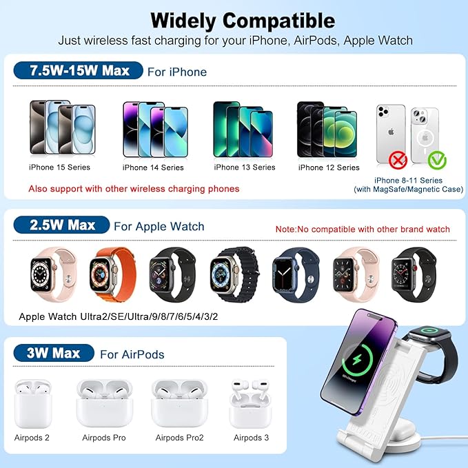 2024 Upgrated Wireless Charger: 3 in 1 Charger Stand Multiple Devices for Apple - iPhone 16 15 14 Pro Max 13 12 11 - Watch 10 9 8 7 6 5 4 3 2 SE and Ultra Series - Airpods 4 3 2 Pro