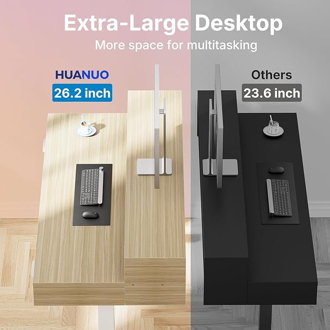 HUANUO 55″ x 26″ Electric Standing Desk with 2 Drawers &24.4″ Large Keyboard Tray, C-Clamp Mount Compatible, Adjustable Computer Desk for Office, Sit Stand Up Desk with 4 Height Presets, Light Walnut