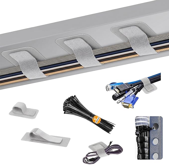 Under Desk Cable Management Set - 20 Pair Adjustable Hook and Loop Cable Ties with Adhesive Backing + 100 Pack 6 Inch Zip Ties, Complete Cord Organizer Kit for Home Office Desk Wire Management (Grey)