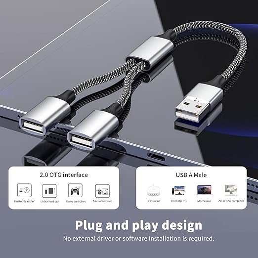 Fidioto USB A Splitter, USB A Male to 2 Female USBA Y Splitter, USB Splitter 1 in 2 Out Support Charging and Data Transfer for Printer/Keyboard/Flash Drive/PlayStation/Laptop/LED/Headsets Etc
