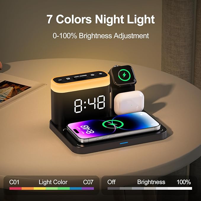 ANJANK Wireless Charging Station,5 in 1 Multiple Charger Stand with Alarm Clock,7 Night Light,Mag-Safe Charging Dock for iPhone 17 16 15 14 13 12 Pro Max Plus,Apple Watch 11/10/9/8,for Airpods,Bedroom