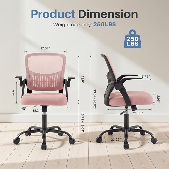DUMOS Home Office Desk Chair - Ergonomic Computer Mesh Chair with Lumbar Support & Rocking Mode, Height Adjustable with Flip-up Armrest, for Conference, Meeting Room, 360° Swivel, Adults, Pink