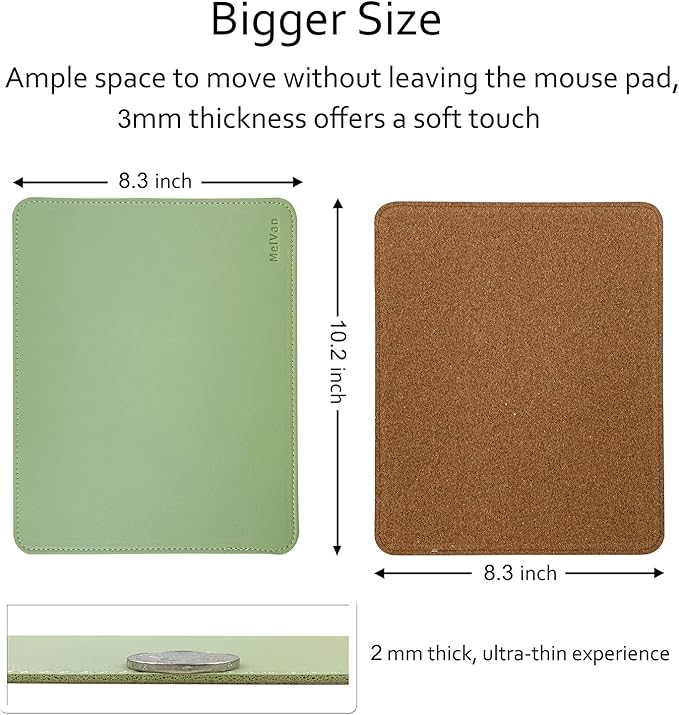 MelVan PU Leather Mouse Pad with Stitched Edge, Wood Mousepad, Waterproof Gaming Mouse Pad Mat for Computers, Laptop, Office & Home, 10.2" x 8.3", 1 Pack (Matcha Green)