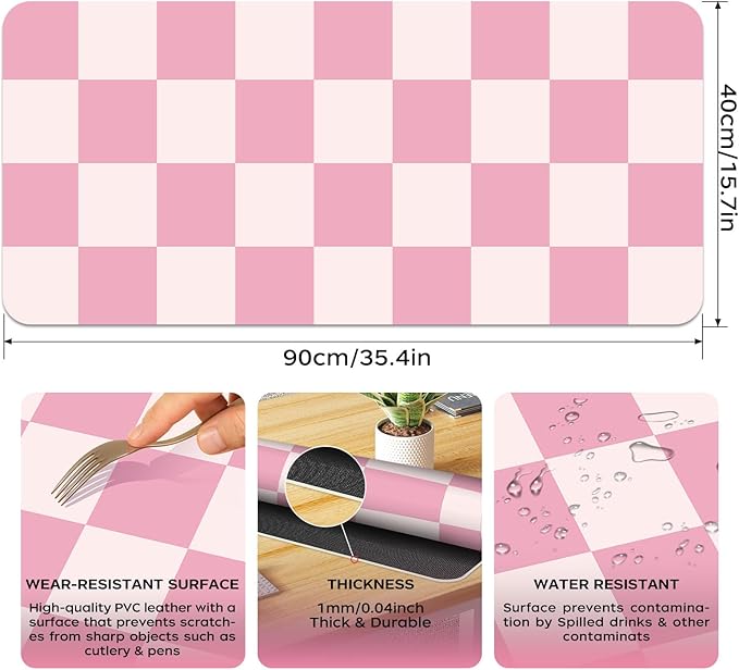 BLESWIN Large Desk Mat with PU Leather 35.4" x 15.7", Non-Slip Office Desk Pad, Waterproof Desk Writing Pad for Office and Home (Pink Plaid, 35.4 x 15.7 in)