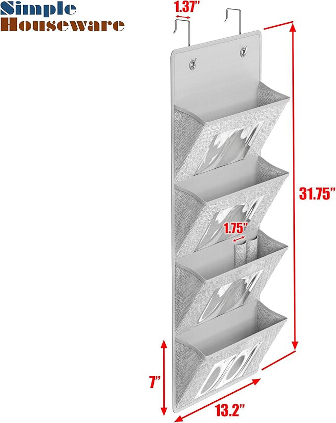 Simple Houseware Over the Door Hanging Wall File Organizer, 4 Clear Window Pocket File Holder with 13" Width for Office Supplies Storage, Grey