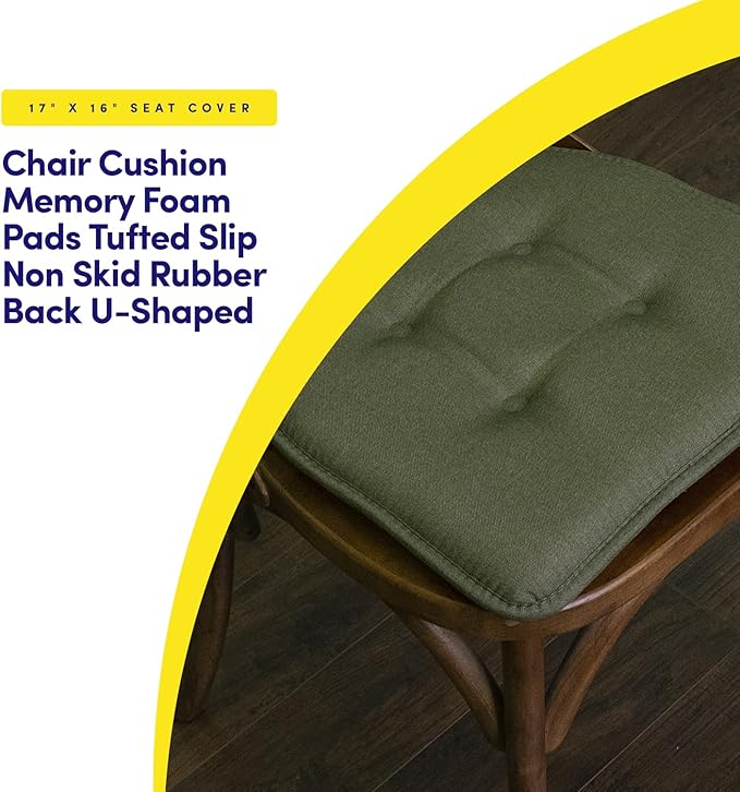 Sweet Home Collection Chair Cushion Memory Foam Pads Tufted Slip Non Skid Rubber Back U-Shaped 17" x 16" Seat Cover, Army Green 6 Count