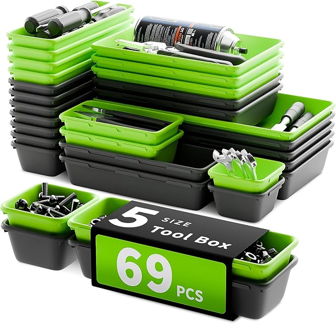 [5 Sizes] [69 PCS] Tool Drawer Organizer, Tool Box Tray, Desk Drawer Tray, Rolling Tool Chest, Toolbox (Black+Green)
