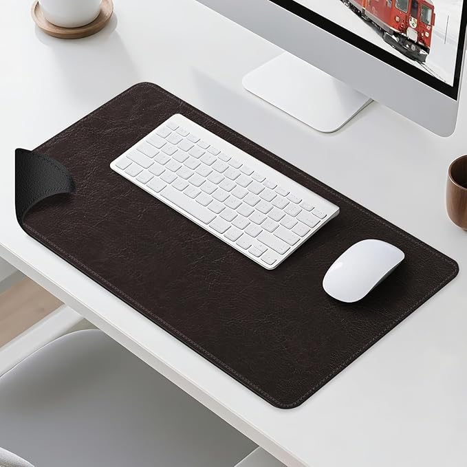 Imitation Crazy Horse Leather Desk Mat - Waterproof Desk Pad - Ideal for Large Mouse Pad and Desk Mats on Top of Desks (deep Coffe+Black, 25"*13")