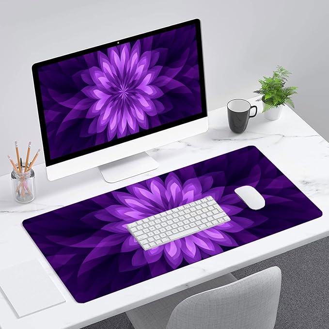 Purple Flower Gaming Mouse Pad Radiating Abstract Flowers Geometry Large Gaming Mouse Mat with Stitched Edges,Non-Slip Waterproof Rubber Base Mous Mat Office Computer Keyboard Laptop 31.5x11.8 Inch