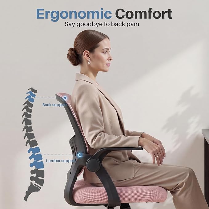 DUMOS Home Office Desk Chair - Ergonomic Computer Mesh Chair with Lumbar Support & Rocking Mode, Height Adjustable with Flip-up Armrest, for Conference, Meeting Room, 360° Swivel, Adults, Pink