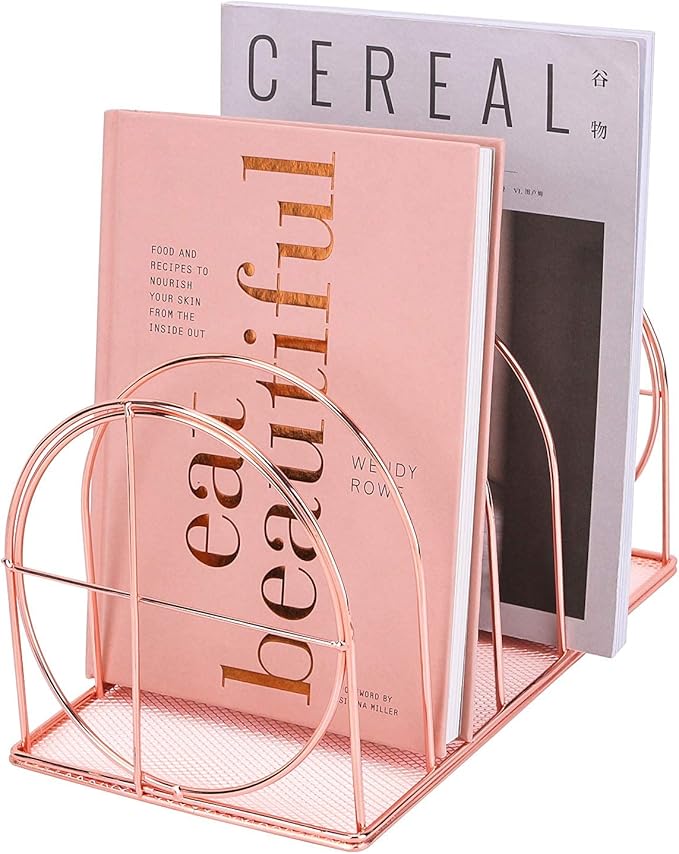 File Sorter Organizer, 5 Section Magazine Holder Rack, Desktop Round Wire Book Stand for Mail, Paper, Document, Folder, Record and Desk Accessories, Rose Gold