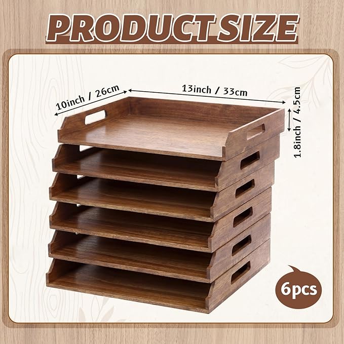 AceOrbit 6 Pcs Stackable Paper Tray Acacia Wood Desk Organizer Letter Tray 6 Tier Wooden File Organizer Desk Shelf for Documents, Letter Sorter, Envelopes and Magazine Holder