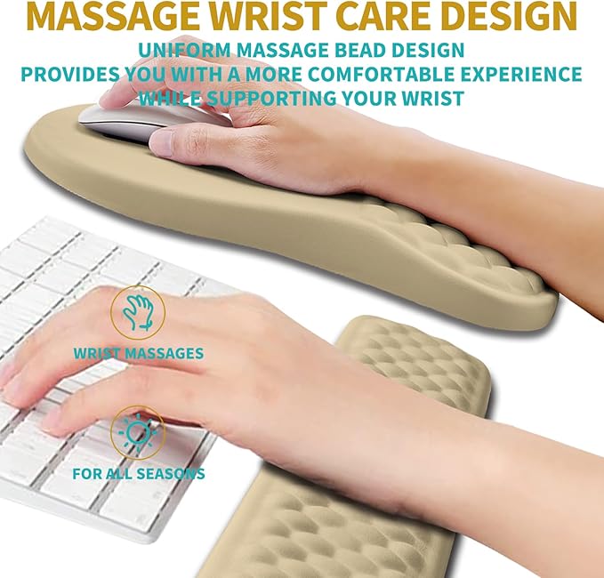 Hokafenle 2 in 1 Ergonomic Mouse Pad Wrist Support & Wrist Rest for Computer Keyboard Set, with Relieve Carpal Tunnel Pain Massage Bulge and Full Memory Gel Design (2In1 Set, Beige)