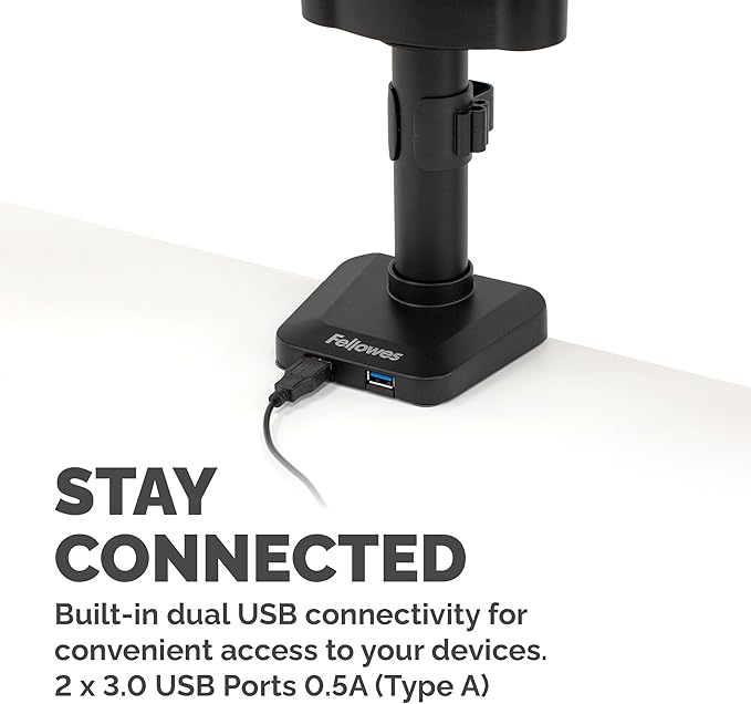 Fellowes Platinum Series Triple Monitor Arm for 27-Inch Monitors, Full Motion, 360° Rotation, VESA Mount with Grommet or Clamp, USB Ports, Ergonomic, Black, 8042601