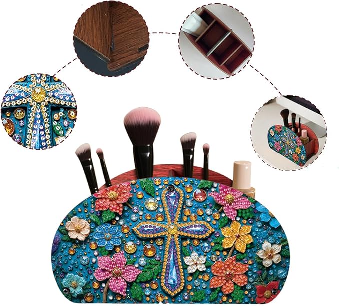 POETRYDRAW DIY Cross Diamond Art Painting Wooden Storage Box – Multi-Grid Moon Fan Makeup Brush Organizer, Double-Sided Drill Tabletop Holder for Women, Office & Home Decoration