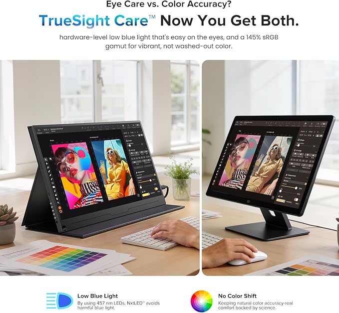 UPERFECT True Color Portable Monitor 15.6”, NxtLED™ Eye Care Laptop Monitor, 125% sRGB 1080P, Flicker-Free Low Blue Light Display, USB-C & HDMI & VESA, Travel Second Screen for Computer, Game Consoles