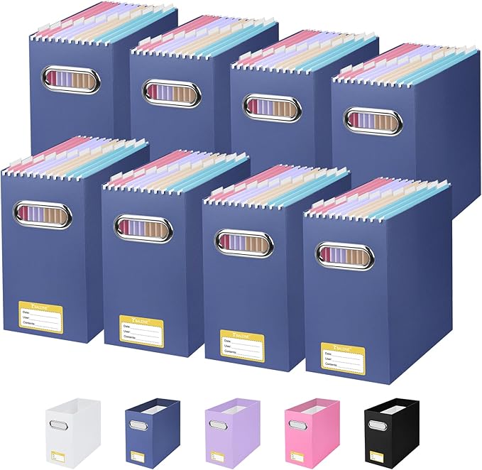 BALEINE File Organizer Box, Cardboard File Folder Organizer with Handle for Letter Size, Portable Collapsible Hanging Filing Box for Home Office Document Storage (8 Pack, Navy)