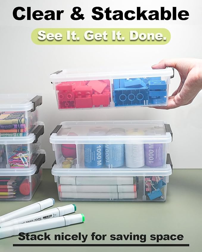 6 Pack Extra Large Pencil Box with Removable Divider, Thickened Pencil Case Bulk, Clear Crayon Marker Organizer Stackable Plastic Small Storage Containers for Pen Craft School Supplies (Multi)
