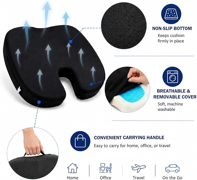 Seat Cushion for Long Sitting, Cooling Gel Memory Foam Seat Cushion - Back, Sciatica, Coccyx, Tailbone Pain Relief - for Office Chairs, Car Seat, Wheelchair Sitting Cushion (Black)