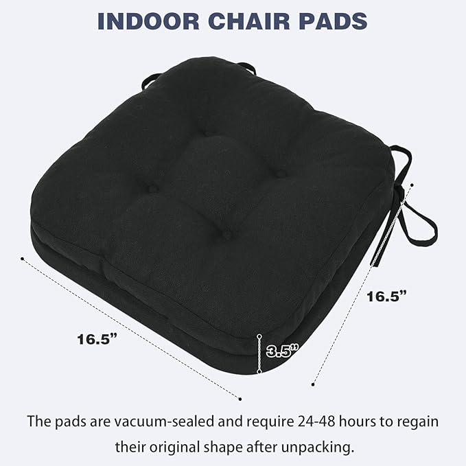 baibu Set of 6 Dining Chair Cushions, Dual-Layer Patent Design Memory Foam Kitchen Chair Cushions, Non-Slip Seat Pads with Ties, 16.5 x 16.5 x 3.5in, 6 Pack, Pure Black