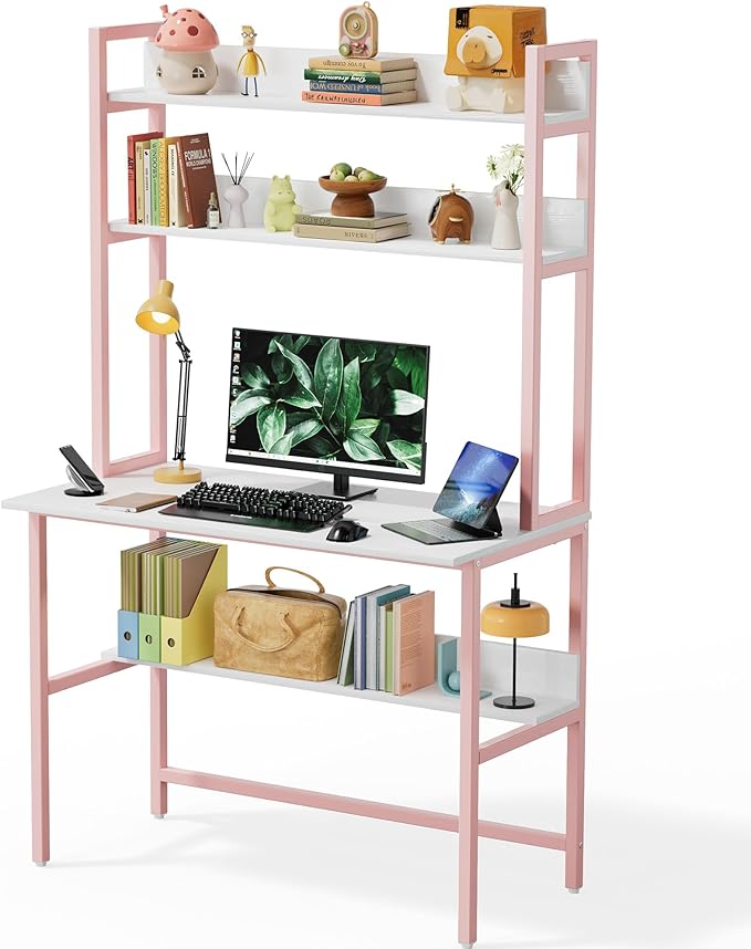 Aquzee Girls Desk with Hutch, 40“W x 19.6" D Computer Desk with Shelves, Tall Home Office Desk with Bookshelf, Metal Legs Study Table with Upper Storage Shelf for Study Writing/Workstation, Pink