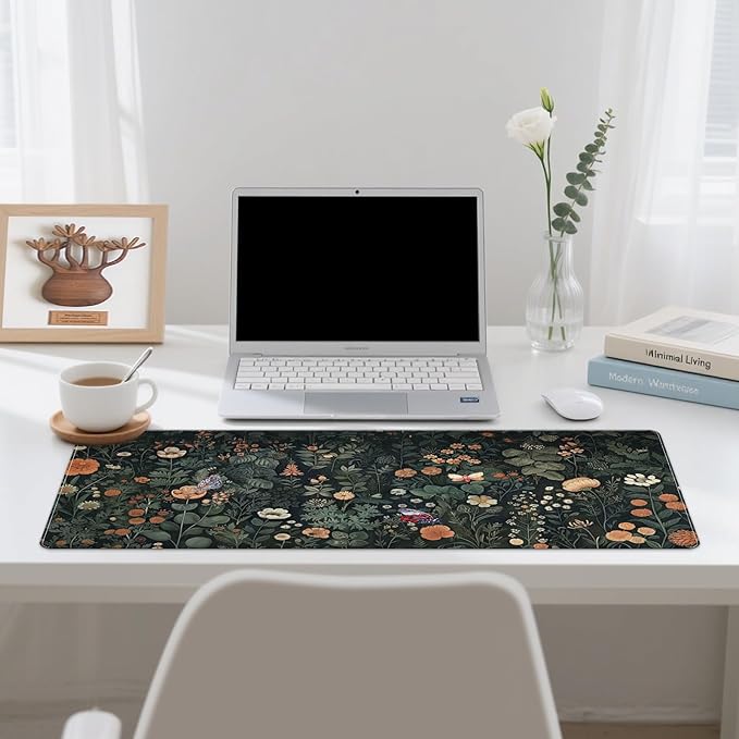 DINKY Leather Desk Mat, XXL Large Gaming Mouse Pad, Extended Desktop Decor Desk Pad, 35.4" x 15.7" Cute Floral Mouse Mat for Laptop, Keyboard, Vintage Flowers