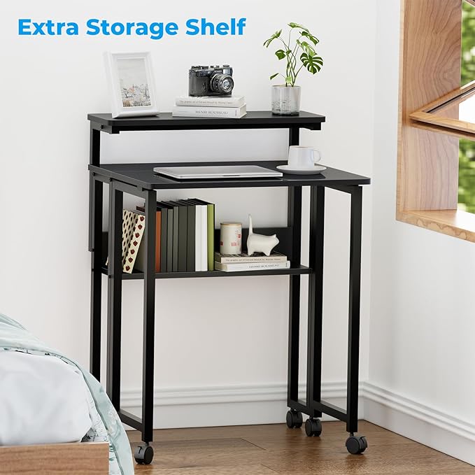 GreenForest Folding Desk with Adjustable Monitor Stand and Storage Shelf, 24.8in Rolling Table with Wheels, Mobile Small Desk for Small Spaces, Home Office, Black