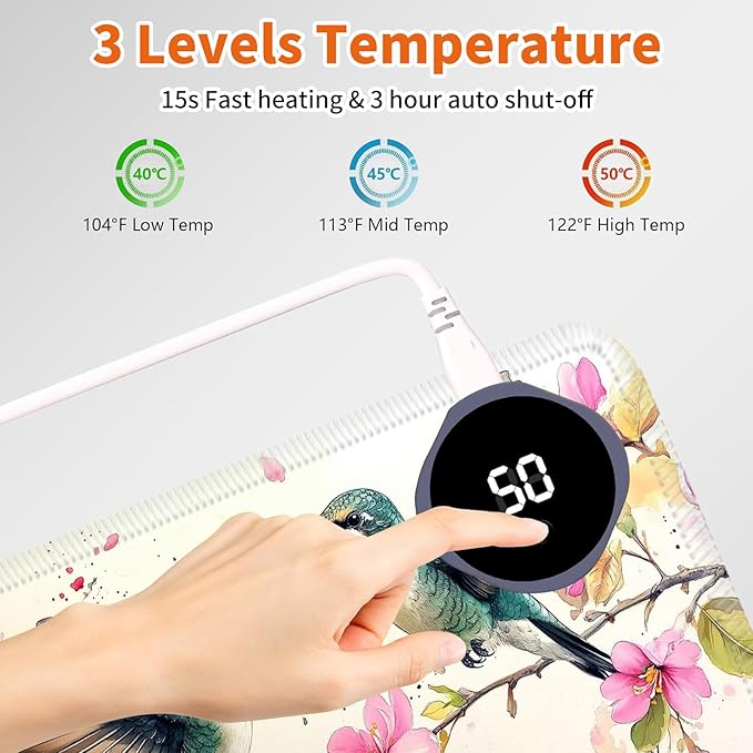Heated Mouse Pad,Warm Desk Pad with 3 Levels Heating & 3 Hours Auto Shut-Off, PU Leather Heated Desk Pad Warmer Pad for Home Office - 31.5 x 13 inch,Watercolor Hummingbird