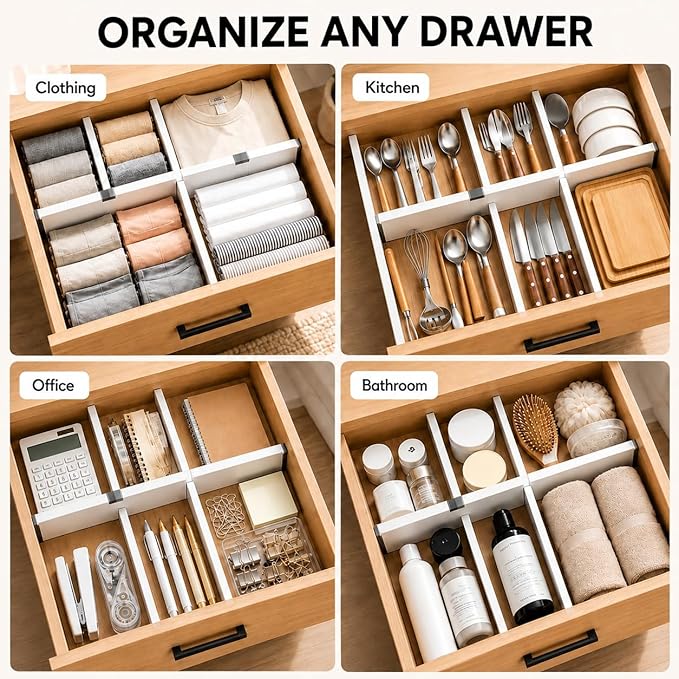 Adjustable Drawer Dividers – Expandable 14.7–21” Drawer Organizer with Non-Slip Ends, Easy Install for Kitchen, Dresser & Closet Storage (“White”)