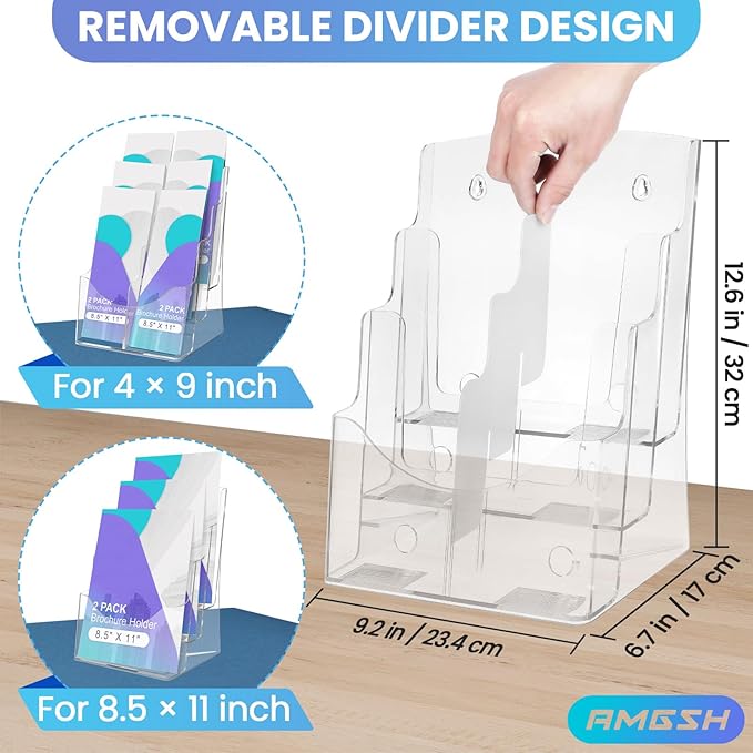 2 Pack 3 Tier Brochure Holder 8.5” x 11” - Acrylic Literature Holder with Removable Divider for 4” x 9” Brochure, Clear Flyer Holder Pamphlet Display Stand