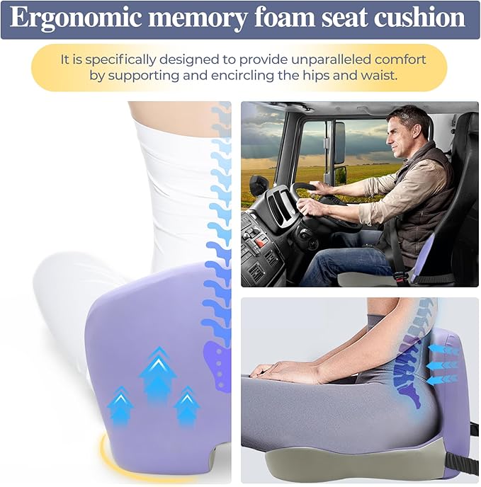 Memory Foam Seat Cushion for Sciatica & Back Pain Relief - Ergonomic Chair Pad with Adjustable Strap & Supportive Comfort Cover, Non-Slip for Car, Truck, Office Chair -Purple