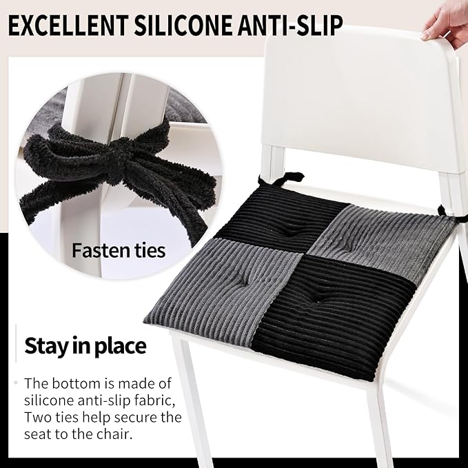 Office Stacking Chair Cushion with Ties, Corduroy High Density Foam Non-Slip Kitchen Seat Cushion, Square 17" x 17" Indoor Dining Chair Pads, Black+ Grey, 1 PCS